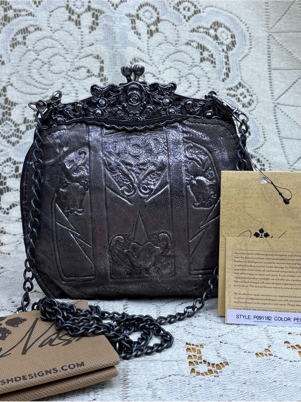 Patricia Nash Carmonita Metallic Pewter Leather Kiss Lock Crossbody Purse